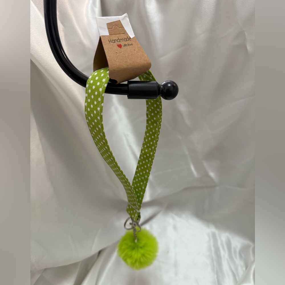 Handmade Green and White Polka Dot Wristlet Keychain with Green Pompom